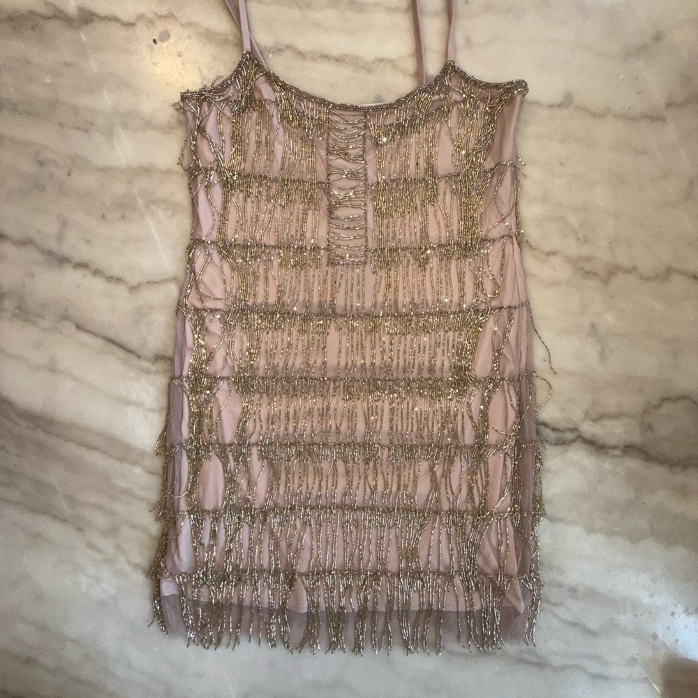 NWT Adrianna Papell Beaded Fringe Mesh Slip dress rose gold size 14 - Picture 3 of 14